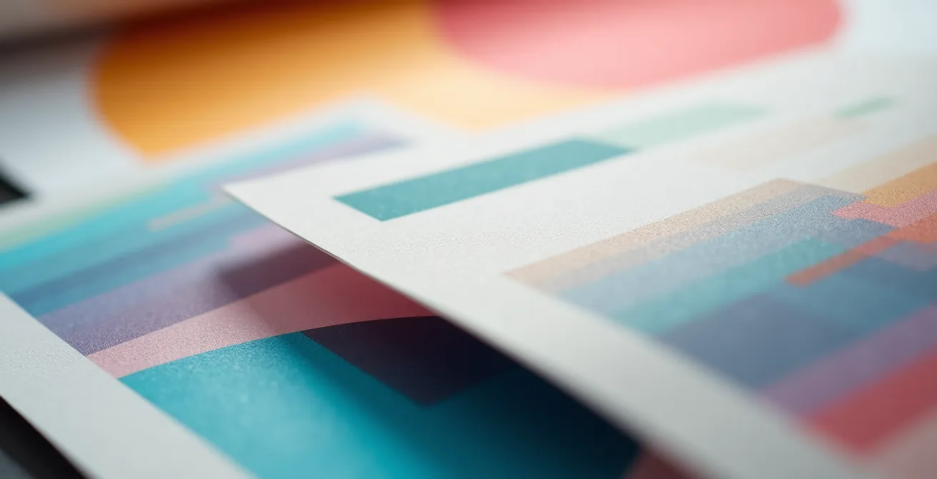 Vue macro de documents comparatifs avec motifs géométriques colorés