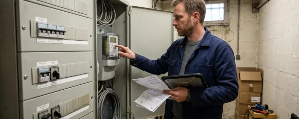 Un consultant en énergie analyse le compteur électrique et le tableau de distribution dans la salle technique d'une entreprise.